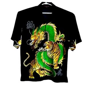 Vintage Mecca Sport Dragon Tiger Shirt Black Green Graphic Y2K Streetwear Large